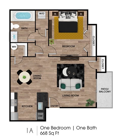 Floor plan for 1 bed, 1 bath, 668 sqft